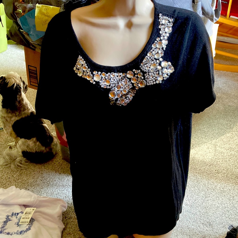 Gorgeous, short sleeve black adorned sweater